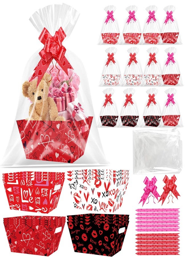CUUSNNY 12 Set Valentines Day Gift Basket Empty, Love Heart Valentines Baskets Cardboard Box with Cellophane Bags and Ribbons for Gift Giving, Wedding, Anniversary Decor (red) - Image 1